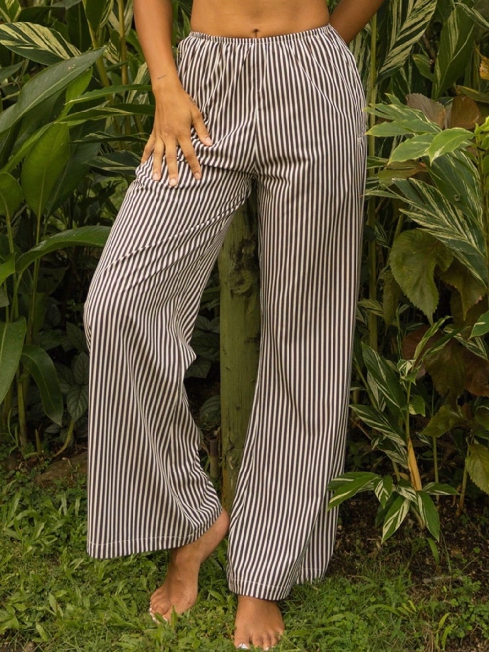 Albion Slip On Trouser Pant, Cream Cocoa Stripe Size Medium